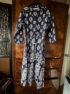 KEREN hart Navy and White Printed Maxi Shirt Dress